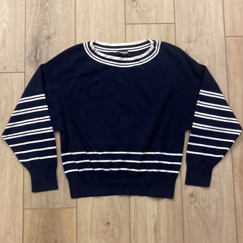 Express Balloon Sleeve Sweater Navy White Nautical Preppy‎ Boat Neck